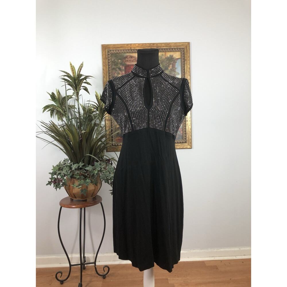Caché‎ Women Shift Dress LG Embellished Cap Sleeve Black Barbiecore Keyhole Neck